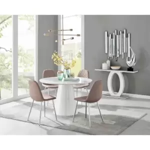 Image of Furniture Box Palma White High Gloss Round Dining Table and 4 Cappuccino Corona Silver Chairs