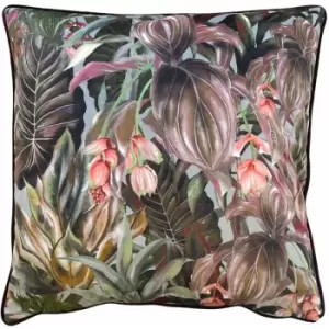 Image of Wylder - Tropics Mogori Wild Medinilla Print Velvet Piped Edge Cushion Cover, Aubergine, 50 x 50 Cm