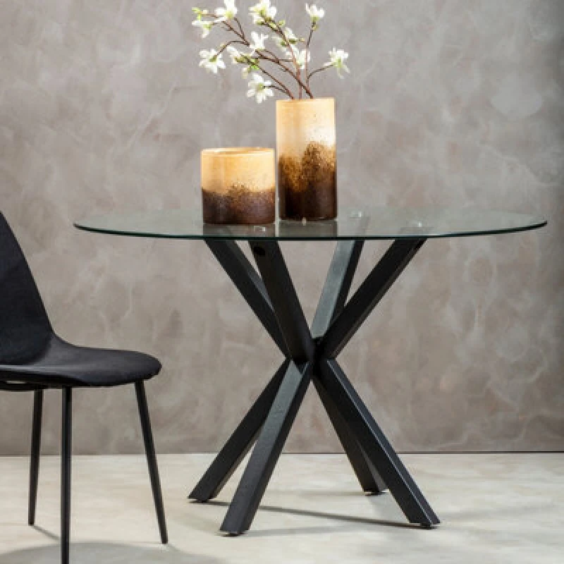 Image of Orsina Elegant Glass Top Dining Table With Black Metal Legs, Contemporary Dining Table, Sturdy Modern Table