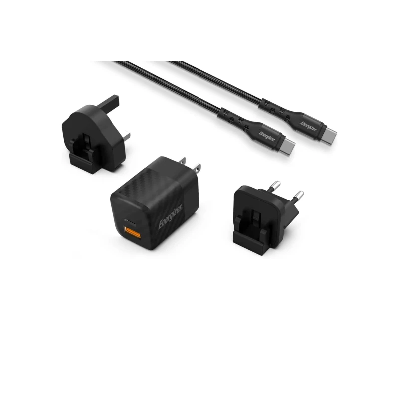 Image of Energizer 38W 1x USB-A and 1x USB-C Wall Charger with USB-C Cable - Black A38QMUC Black