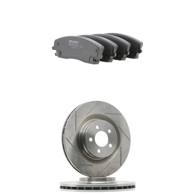 Image of RIDEX 3405B2701 Brake disc and pads set Front Axle, Brake Disc Type: slotted/internally vented, with acoustic wear warning Brake Set,disc brakes (340