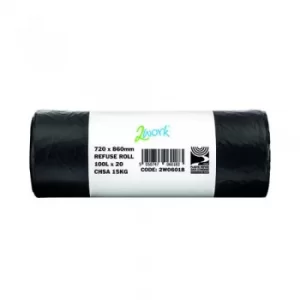 Image of 2Work Refuse Sack 100 Litre 20 Bags per Roll Pack of 10 Black BR100