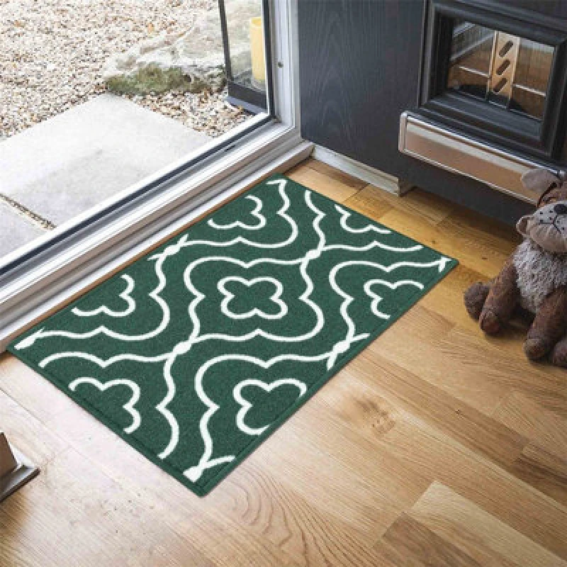 Image of Machine Washable Quatrefoil Design Anti Slip Doormats Emerald 160X220 Cm
