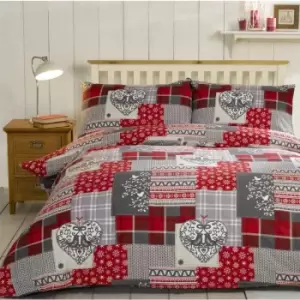 image of Alpine Patchwork Cozy Warm Red Brushed Cotton Bedding - Super King Size Duvet Cover