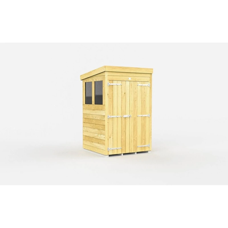Image of Buttercup Farm 4 x 4 Feet Pent Shed - Double Door W/ Windows - L118 x W127 x H201cm in Brown Brown Unisex