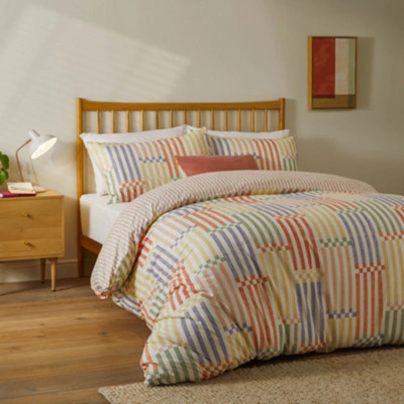 Image of Duvet Day Madison Stripe Printed Soft Touch Duvet Cover Set, Single, Multi/apricot