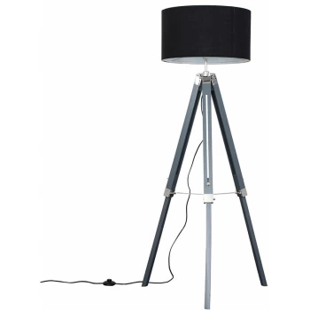 image of Grey & Chrome Tripod Floor Lamp with Drum Shade - Black