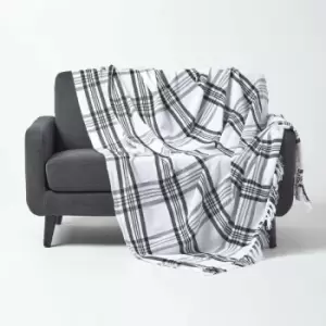 image of HOMESCAPES White & Black Tartan Check Sofa and Bed Throw, 255 x 360cm - White