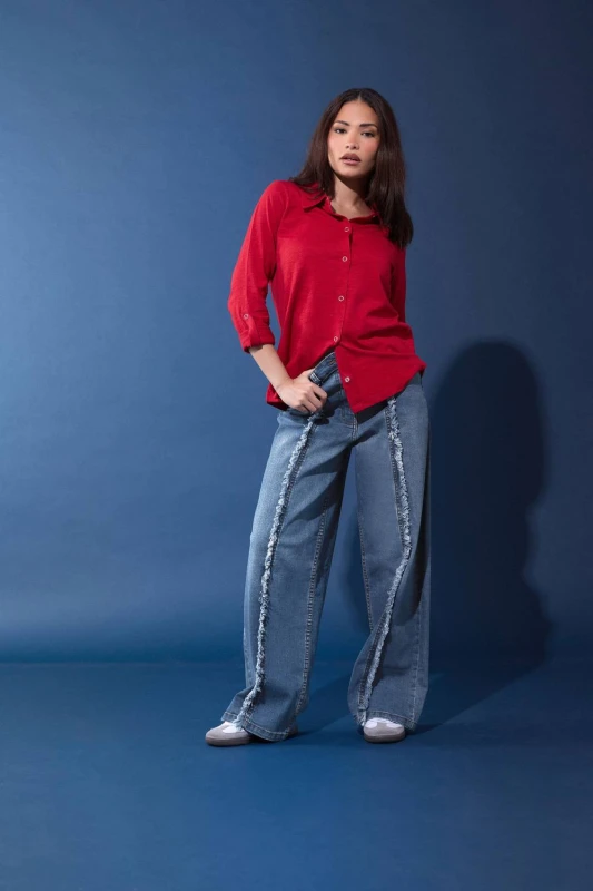 Image of PixieGirl Womens Petite Frayed Seam Wide Leg Jeans in Mid Blue Size: 12S Mid Blue Female 12S