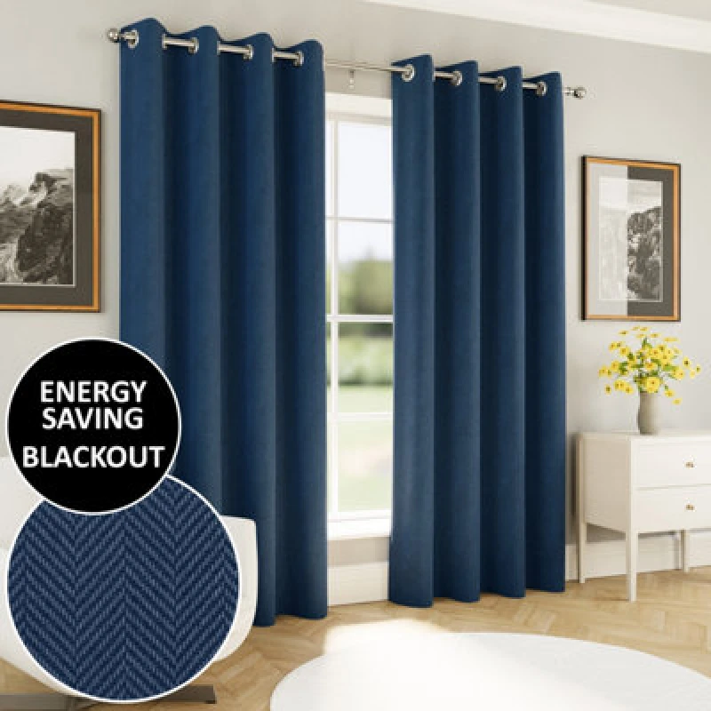 Image of Enhanced Living Chester Navy 90 X 90" (229X229Cm) Eyelet Thermal Noise Reducing Blackout Curtains (Pair)
