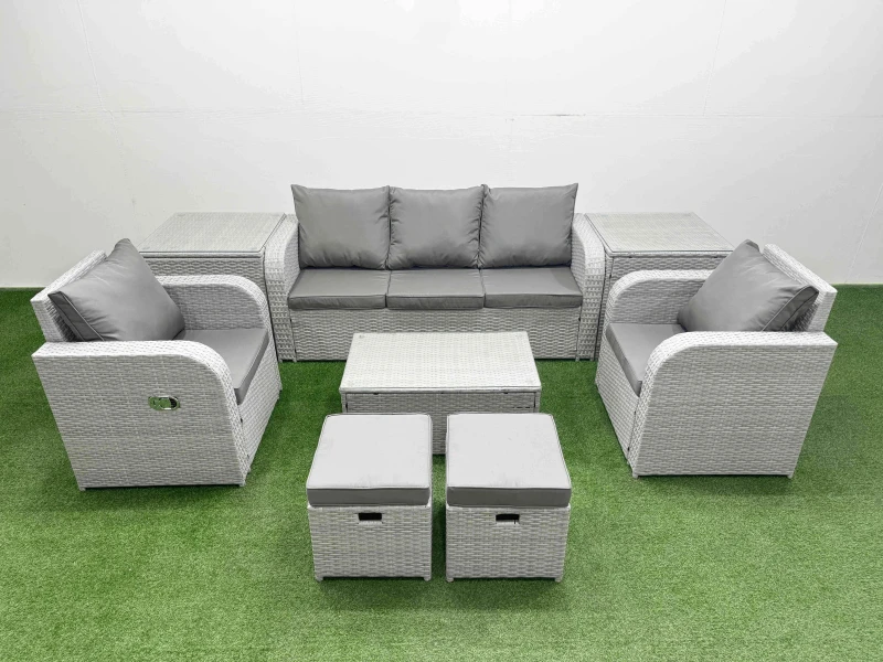 Image of Fimous PE Rattan Garden Furniture Set Reclining Chair Sofa Lounge Sofa Set Oblong Coffee Table 2 Side Table 2 Small Stools Light Grey Light Grey