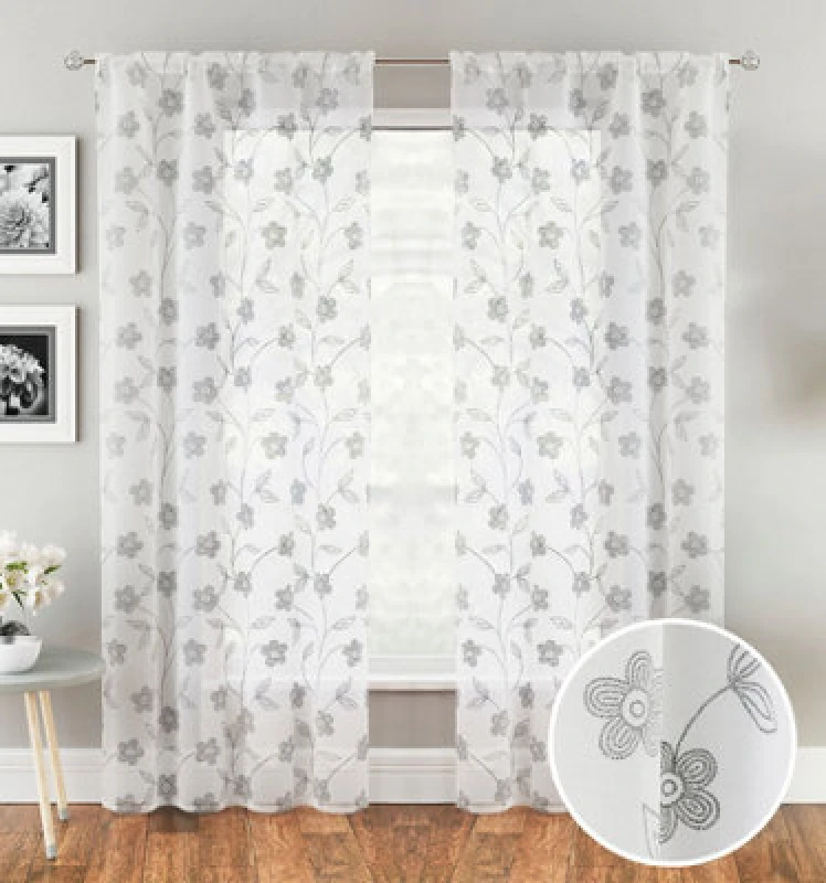 Image of Tyrone Textiles Sienna Embroidery-Look Floral Print Voile Panel - Pair Grey