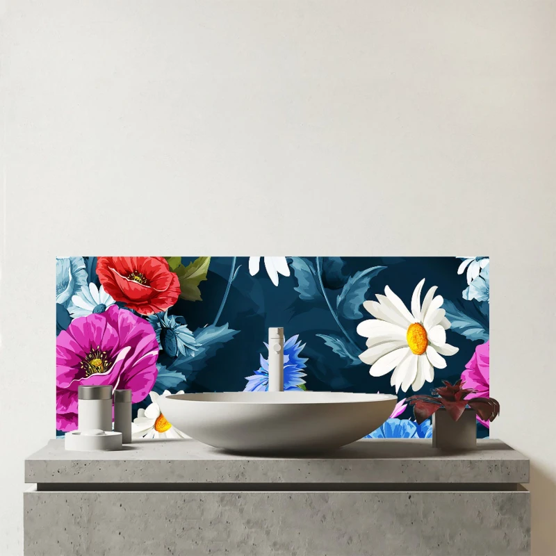 Image of Warren Reed - Designer Poppy Flowers With Chamomile Glass Bathroom Splashback in Blue Blue Unisex