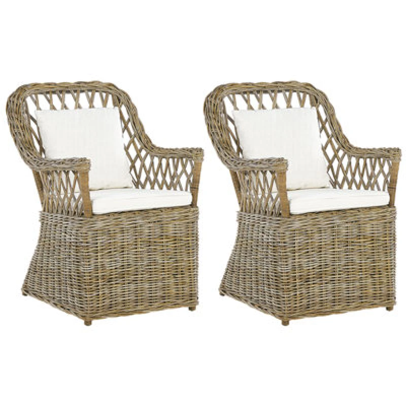 Image of Beliani Set Of 2 Garden Armchairs With Cushions Maros Rattan Natural