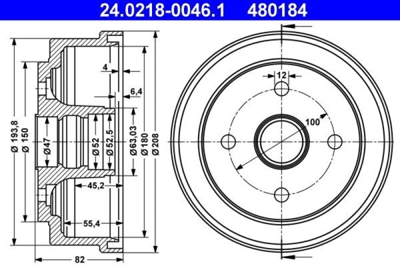 Image of ATE 24.0218-0046.1 Brake Drum 208,0mm, without ABS sensor ring Brake Drum (123)