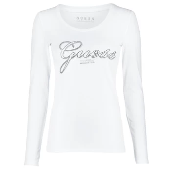 image of Guess LS CN RAISA TEE womens in White - Sizes S,M,L,XL,XS