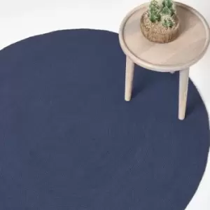 Image of Navy Handmade Woven Braided Round Rug, 120cm - Blue - Homescapes
