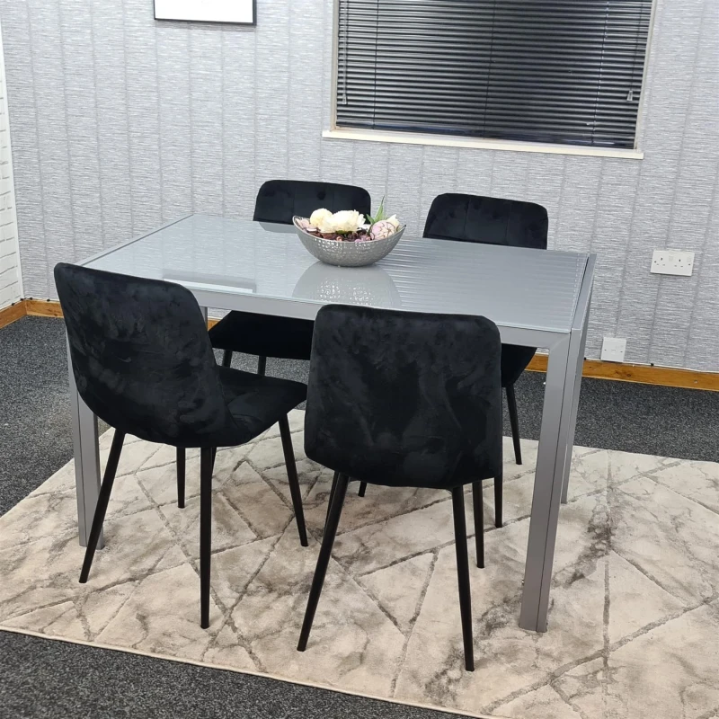 Image of KOSY KOALA Kosy Koala - Dining Table and 4 Chairs Grey Glass 4 Velvet Chairs Dining Room Furniture All grey 120 table + 4 Black rocco