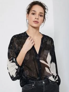 Image of Mint Velvet Monica Print Pin Tuck Blouse, Black, Size 18, Women