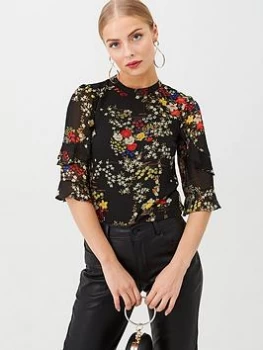 Image of Oasis Oriental Frill Sleeve Top - Multi Black, Size 10, Women