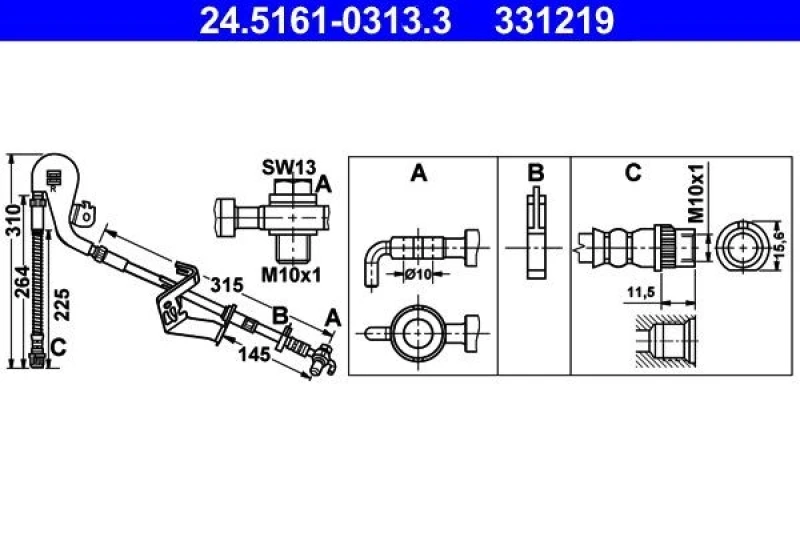 Image of ATE 24.5161-0313.3 Brake Hose with banjo bolt, with pipe Brake Hose (83)