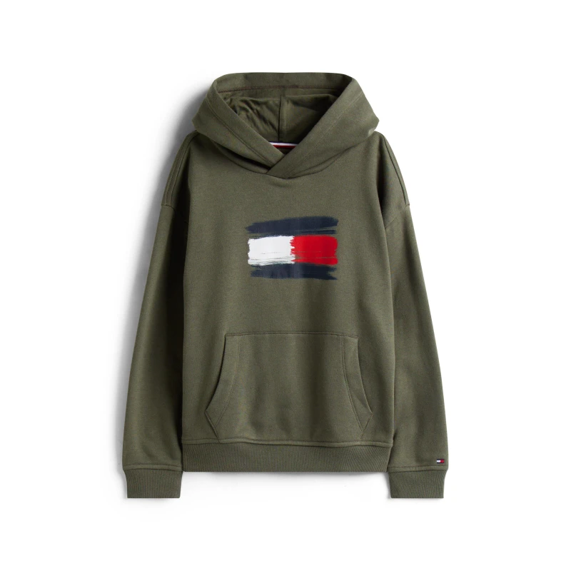 Image of Tommy Hilfiger Kids Flag Pull Over Hoodie Pewter Green male 8Y
