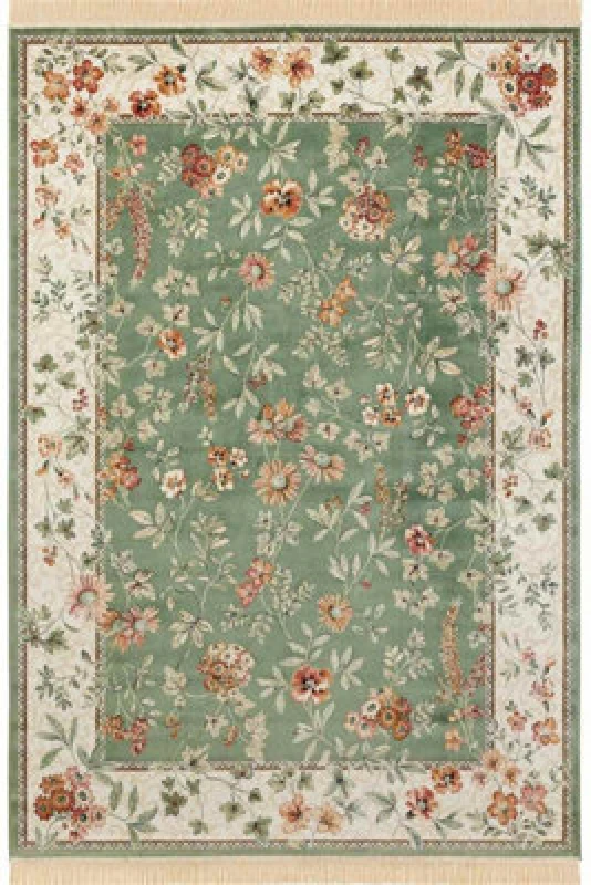 Image of The Rugs Oriental Velvet Floral Vintage Fringed Soft Pile Living Room Rug In Green