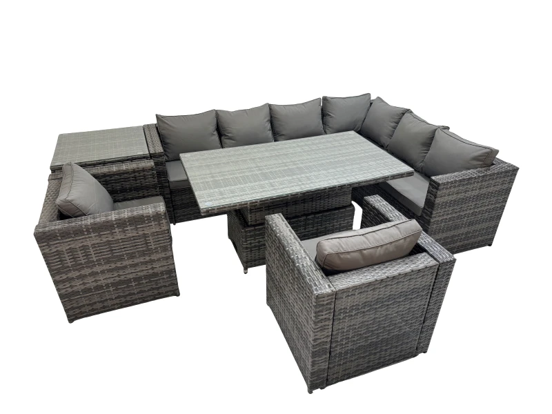 Image of Fimous 8 Seater Rattan Height Adjustable Rising Lifting Table Corner Sofa Set in Dark Grey Dark Grey Unisex
