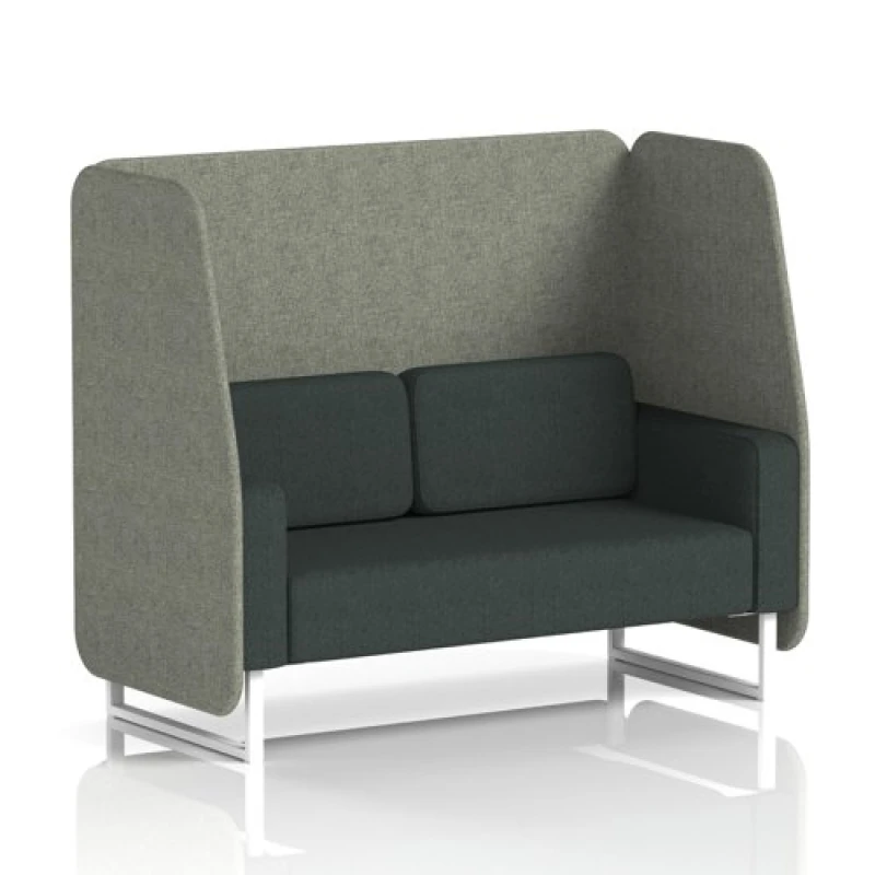 Image of Brixworth 2 Seater Open Office Booth with White Legs in Rivet Fabric - Vitreous Panels and Charcoal Sofa