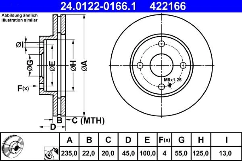 Image of ATE 24.0122-0166.1 Brake disc Vented, Coated Brake Disc (82)