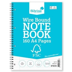 Image of Silvine A4 Notebook Twin Wirebound FSC Paper Perforated 160 Pages Pack of 5 Promo