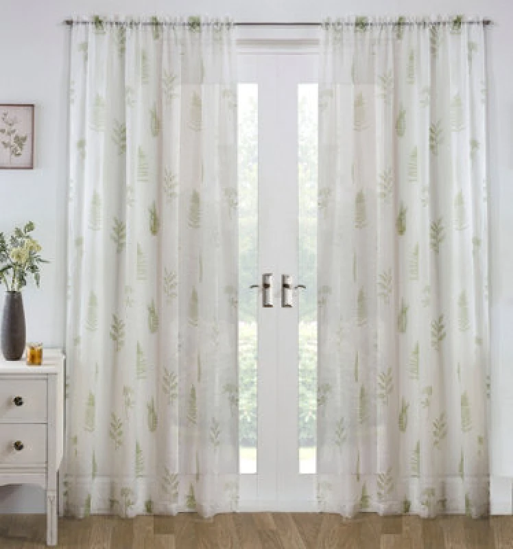 Image of Tyrone Textiles Metallic Tree Print Linen look Voile Panels (Pair) with Rod Pocket Header Green