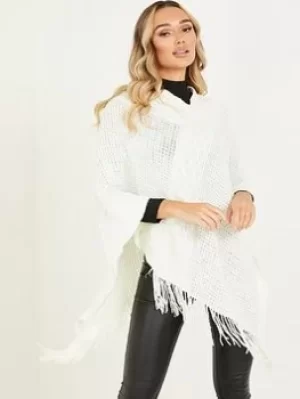 image of Quiz Knitted Poncho, Light Cream, Women