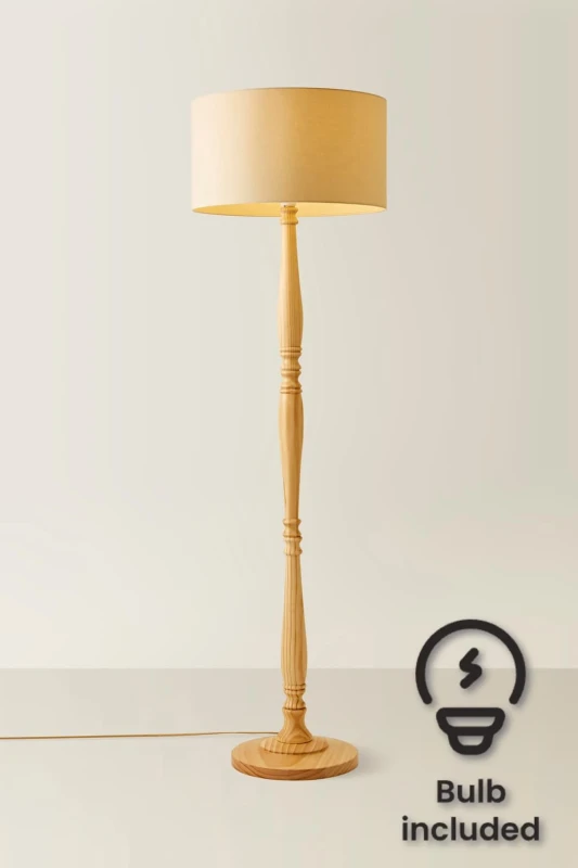 Image of ValueLights Victoria Light Wood Traditional Floor Lamp with Fabric Drum Shade and LED Bulb Natural
