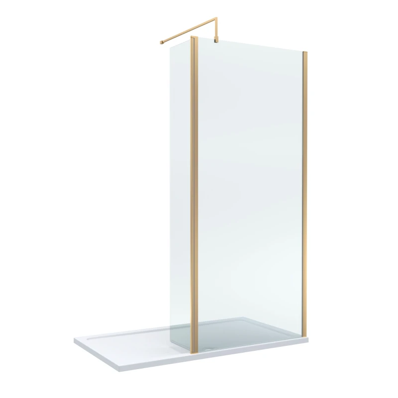 Image of Balterley 8mm Glass Wetroom Screen, Return Brushed Brass and Tray 1400 x 900mm Bronze