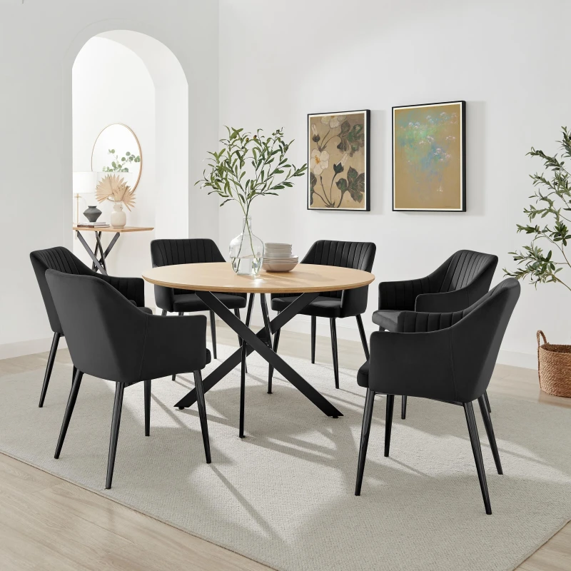 Image of FurnitureboxUK FurnitureboxUK Novara 120cm Oak Effect Dining Table & 6 Calla Black Velvet Chairs Black One Size Unisex 5056784315316