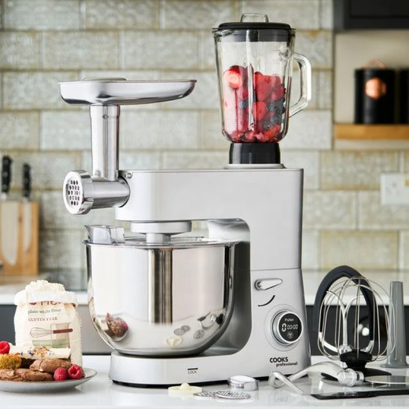 Image of Cooks Professional Multi-Function Stand Mixer 1800W With 8L Metal Bowl, Accessory Kit, Blender & Mincer Capability, 8 Speeds - Silver