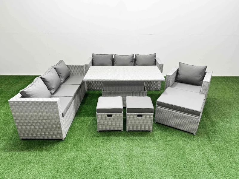 Image of Fimous 6 Pcs Rising Dining Table Set Rattan Furniture Set With 3 Seater Sofa Chair 3 Footstools Light Grey