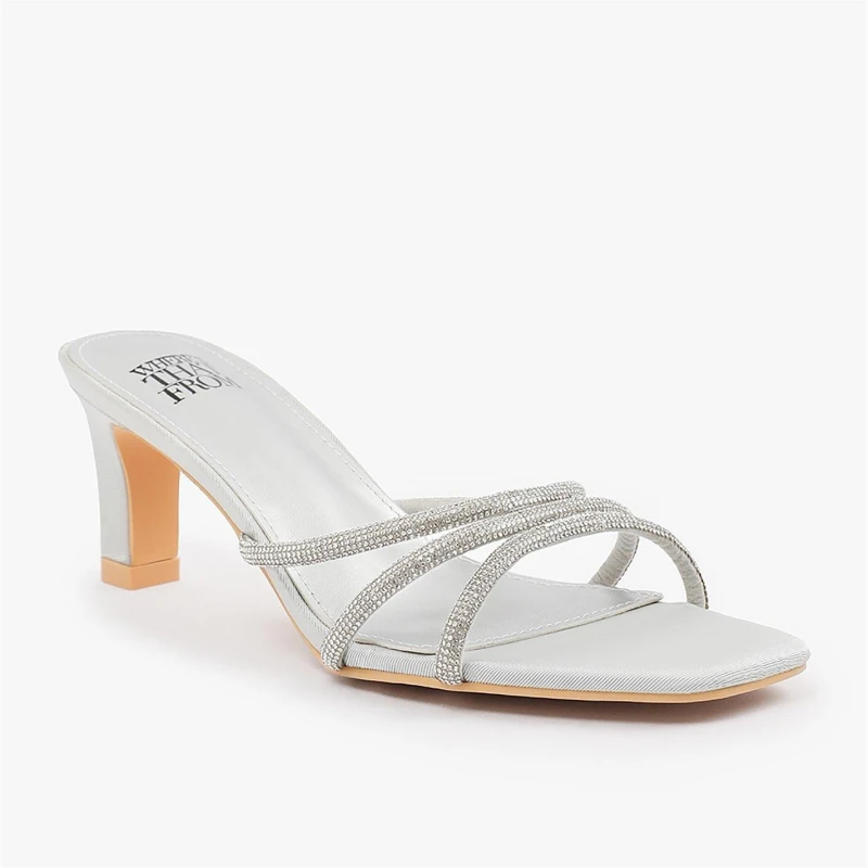 Image of Wheres That From Abia Square Toe Low Block Heel With Diamante Strap Silvernewsatin female 4