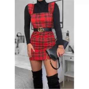 image of I Saw It First Crepe Check Frill Sleeve Pinafore Dress - Red