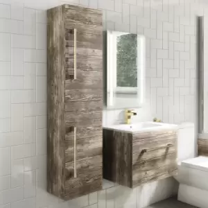 image of 350mm Wood Effect Wall Hung Tall Bathroom Cabinet with Brushed Brass Handles - Ashford