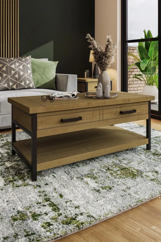 Image of FW Style Lowry 2 Drawer Coffee Table Driftwood Lacquered Solid Reclaimed Pine, Brown LOW09