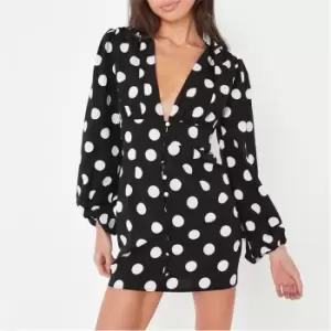 image of Missguided Petite V Neck Button Down Mini Ls Polka - Black