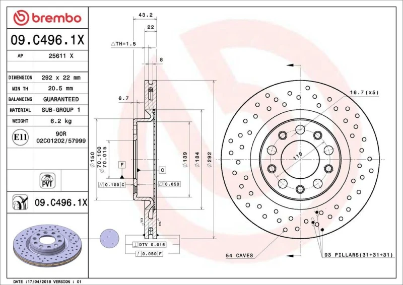 Image of BREMBO Brake disc BREMBO 09.C496.1X