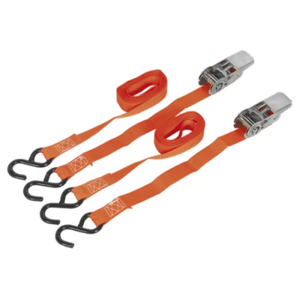 image of Sealey TD0540S2 Ratchet Tie Down 25mm x 4mtr Webbing S Hooks 500kg Load - Pair