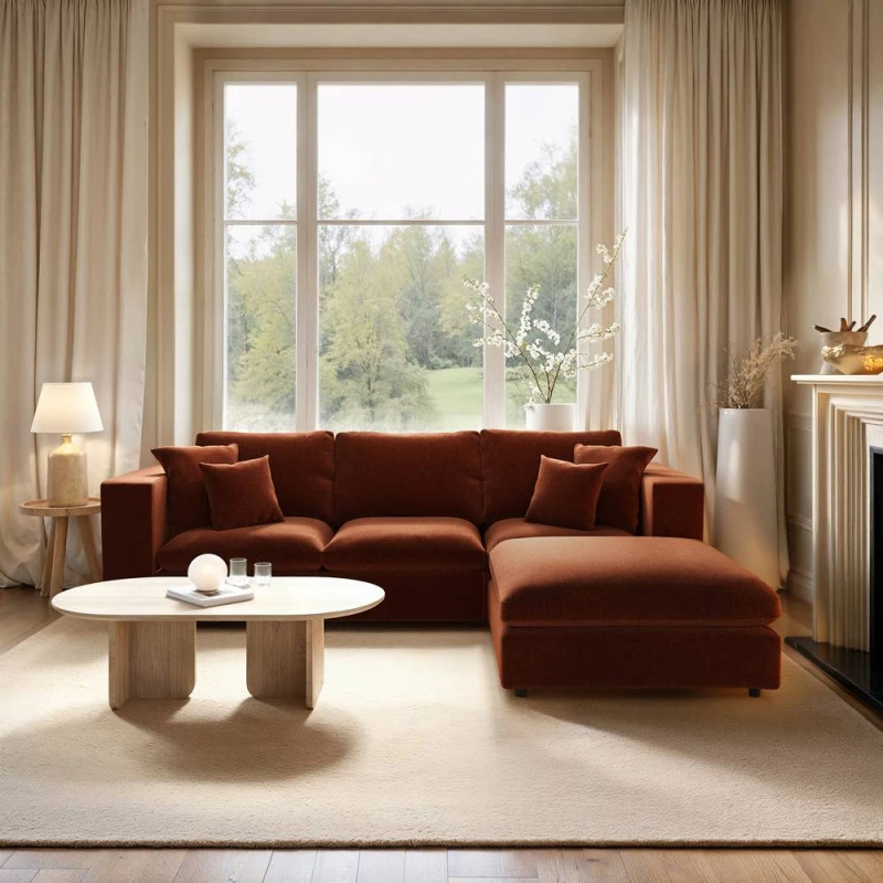 Image of Solace+Co Asher 4 Seater Sofa with Reversible Footstool in Orange Orange Unisex