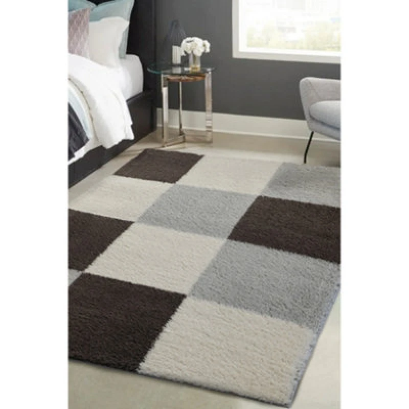 Image of Melrose Grey Shaggy High Pile Block Design Large Area Indoor Rug 160/230Cm