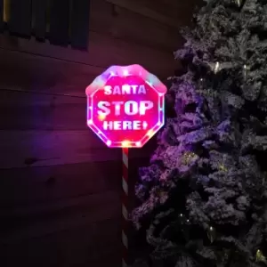 image of 1m Outdoor Christmas Lit Multi Function Santa Stop Here Stake Sign with Base in Multicoloured