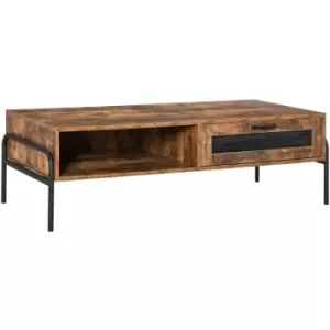 image of Industrial Coffee Table w/ Drawer and Open Storage Compartment Metal Legs - Rustic Brown - Homcom