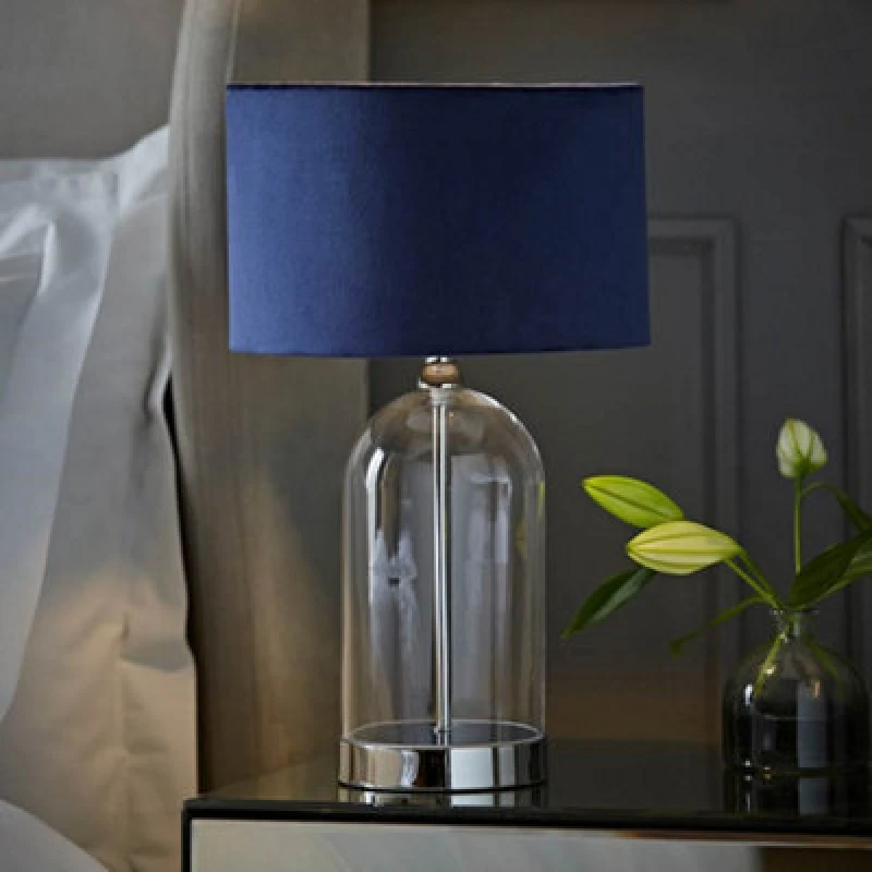 Image of ValueLights Jessy Chrome Glass Table Lamp With Navy Blue Velvet Shade Silver